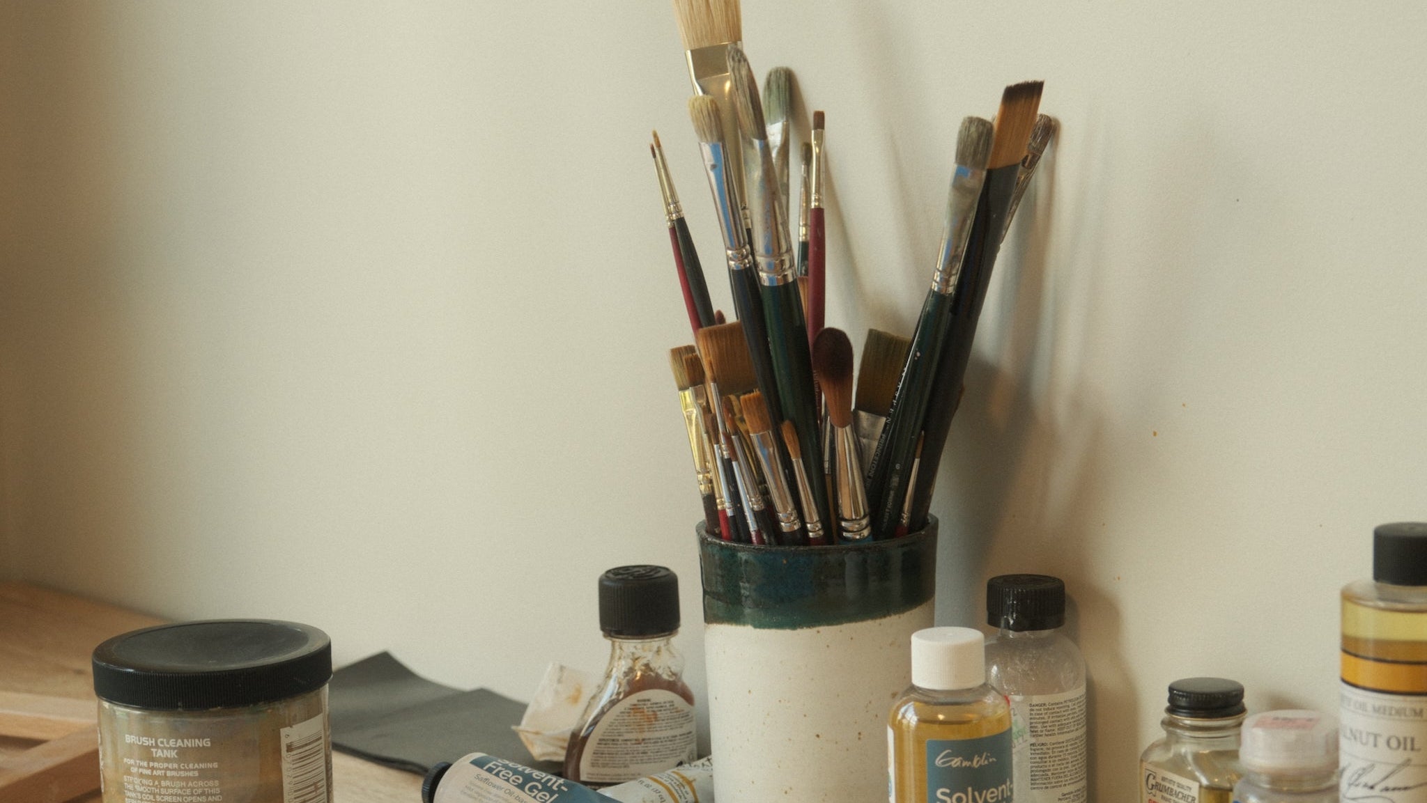 Paint brushes and other oil painting supplies