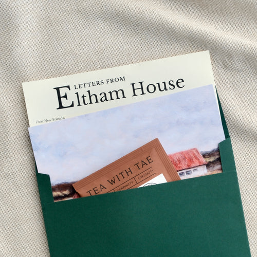 Letter from Eltham House, open envelope with letter, postcard and teabag.